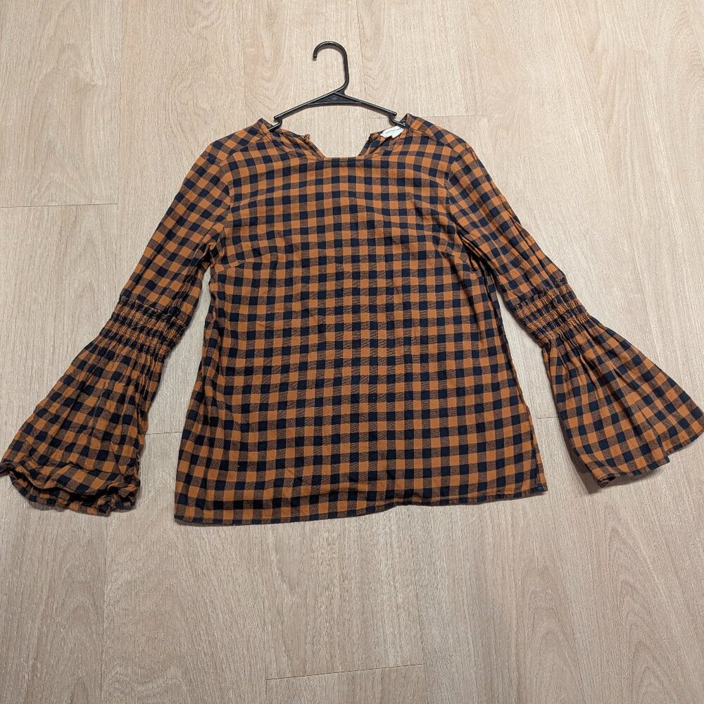 BEACH LUNCH LOUNGE Roberta Flannel Bell Sleeve Gingham Blouse